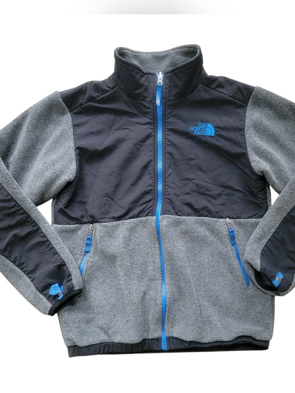The North Face Boys Denali Fleece Jacket Gray Black Blue Logo L 14/16 Zip Coat